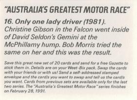 1990-91 Weet-Bix Australia's Greatest Motor Race #16 Christine Gibson / Bob Morris Back