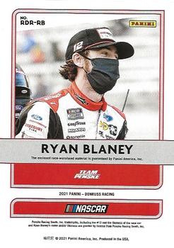 2021 Donruss - Race Day Relics Holo Gold #RDR-RB Ryan Blaney Back