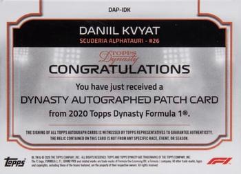 2020 Topps Dynasty Formula 1 - Dynasty Autographed Patch #DAP-IDK Daniil Kvyat Back