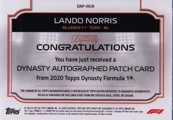 2020 Topps Dynasty Formula 1 - Dynasty Autographed Patch #DAP-IIILN Lando Norris Back