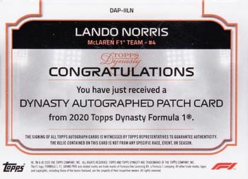 2020 Topps Dynasty Formula 1 - Dynasty Autographed Patch #DAP-IILN Lando Norris Back