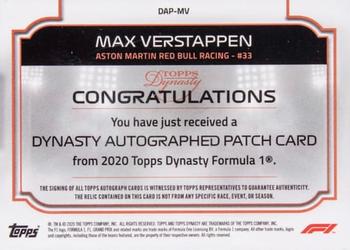 2020 Topps Dynasty Formula 1 - Dynasty Autographed Patch Gold #DAP-MV Max Verstappen Back