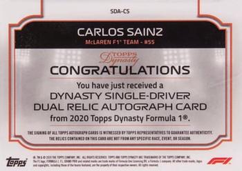 2020 Topps Dynasty Formula 1 - Dynasty Single-Driver Autographed Dual Relic #SDA-CS Carlos Sainz Back