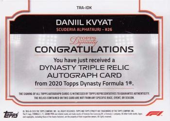 2020 Topps Dynasty Formula 1 - Dynasty Single-Driver Autographed Triple Relic Red #TRA-IDK Daniil Kvyat Back