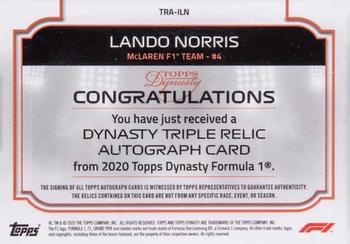 2020 Topps Dynasty Formula 1 - Dynasty Single-Driver Autographed Triple Relic Gold #TRA-ILN Lando Norris Back