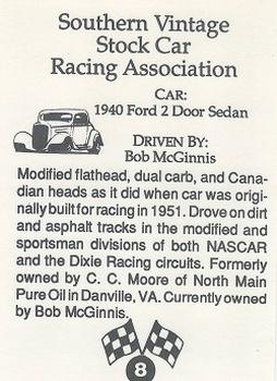 1992 Southern Vintage Stock Car Racing Association #8 Bob McGinnis Back