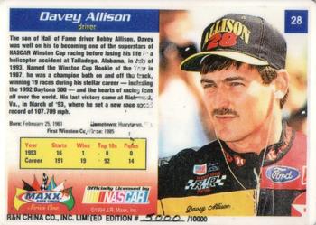 1994 Maxx R and N China #28 Davey Allison Back