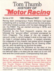 1986 Player's Tom Thumb History of Motor Racing #28 1980 Williams FW07 Back