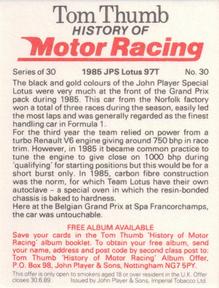 1986 Player's Tom Thumb History of Motor Racing #30 1985 JPS Lotus 97T Back