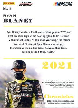2021 Panini Chronicles #16 Ryan Blaney Back