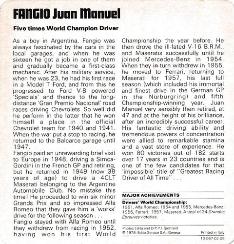 1978-80 Auto Rally Series 2 #13-067-02-05 Juan Manuel Fangio Back