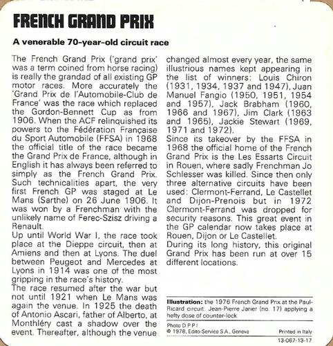 1978-80 Auto Rally Series 13 #13-067-13-17 French Grand Prix Back