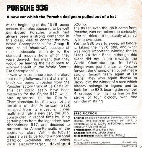 1978-80 Auto Rally Series 14 #13-067-14-13 Porsche 936 Back