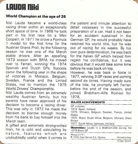 1978-80 Auto Rally Series 20 #13-067-20-01 Niki Lauda Back