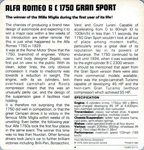1978-80 Auto Rally Series 27 #13-067-27-11 Alfa Romeo 6 C 1750 Gran Sport Back