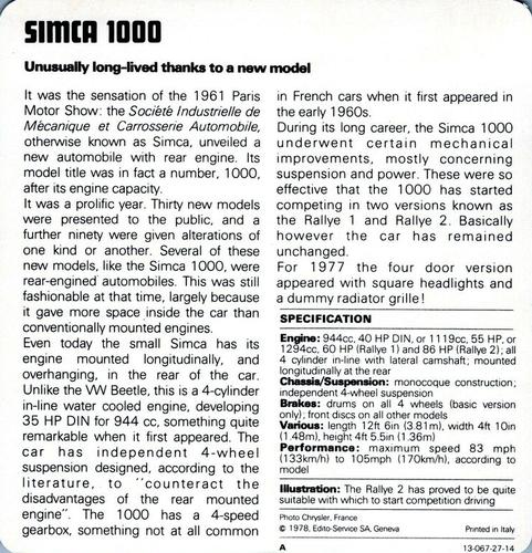 1978-80 Auto Rally Series 27 #13-067-27-14 Simca 1000 Back
