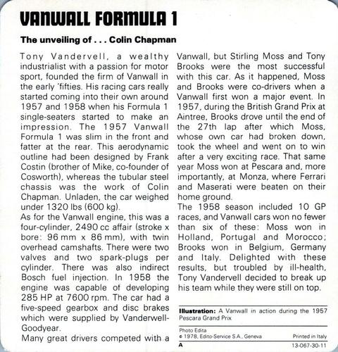 1978-80 Auto Rally Series 30 #13-067-30-11 Vanwall Formula 1 Back