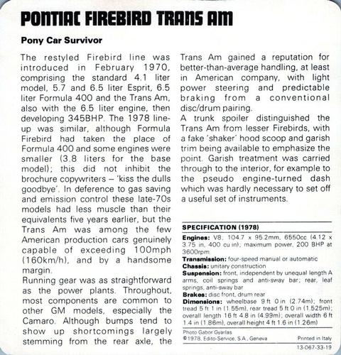 1978-80 Auto Rally Series 33 #13-067-33-19 Pontiac Firebird Trans Am Back