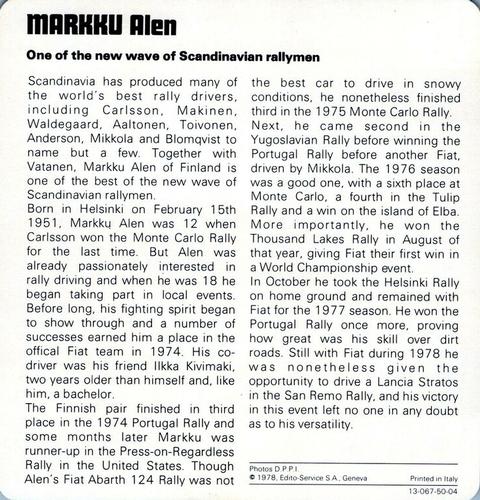 1978-80 Auto Rally Series 50 #13-067-50-04 Markku Alen Back