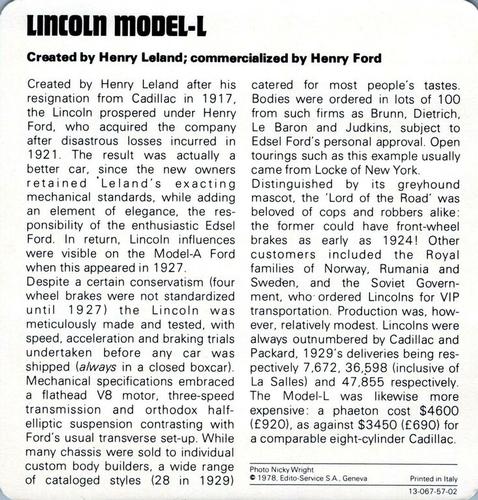 1978-80 Auto Rally Series 57 #13-067-57-02 Lincoln Model-L Back