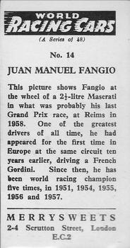 1959 Merrysweets World Racing Cars #14 Juan Manuel Fangio Back