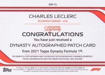 2021 Topps Dynasty Formula 1 - Dynasty Autograph Patch Black #DAP-CL Charles Leclerc Back