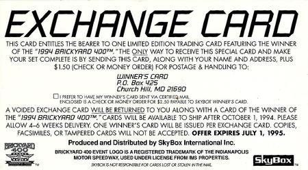 1994 SkyBox - Brickyard 400 Redemption #NNO Exchange Card Back