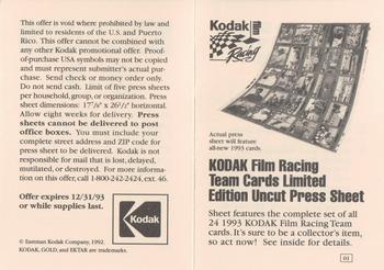 1993 Traks Kodak Ernie Irvan - Press Sheet Order Form #01 Order Form Front