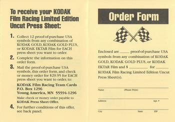 1993 Traks Kodak Ernie Irvan - Press Sheet Order Form #02 Order Form Back