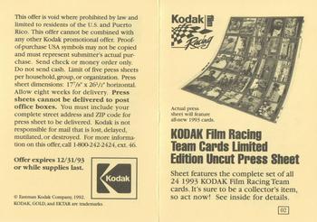 1993 Traks Kodak Ernie Irvan - Press Sheet Order Form #02 Order Form Front