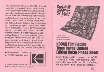 1993 Traks Kodak Ernie Irvan - Press Sheet Order Form #03 Order Form Front