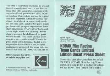 1993 Traks Kodak Ernie Irvan - Press Sheet Order Form #04 Order Form Front