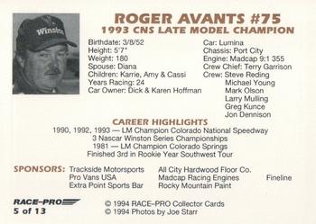 1993 Race-Pro Championship Series #5 Roger Avants Back