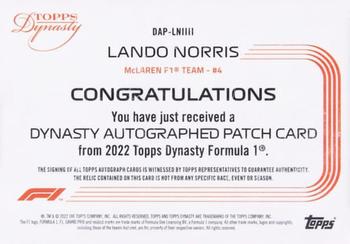 2022 Topps Dynasty Formula 1 - Dynasty Autograph Patch Red #DAP-LNIIII Lando Norris Back