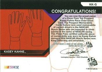 2004 Press Pass Optima - Top Prospects Memorabilia #KK-G Kasey Kahne Back