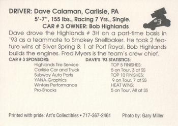 1994 Art's Collectibles Silver Spring Speedway Super Sportsman Series I #3 Dave Calaman Back