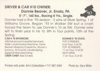 1994 Art's Collectibles Silver Spring Speedway Super Sportsman Series I #10 Don Beaver Jr. Back