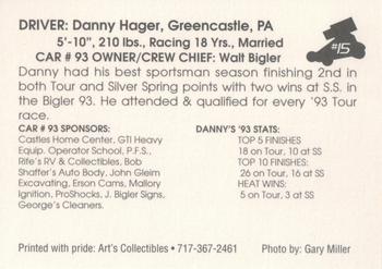 1994 Art's Collectibles Silver Spring Speedway Super Sportsman Series I #15 Danny Hager Back