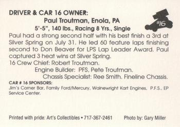 1994 Art's Collectibles Silver Spring Speedway Super Sportsman Series I #16 Paul Troutman Back