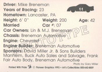 1993 Art's Collectibles Silver Spring Speedway Street Stock - Prototype #11 Mike Breneman Back