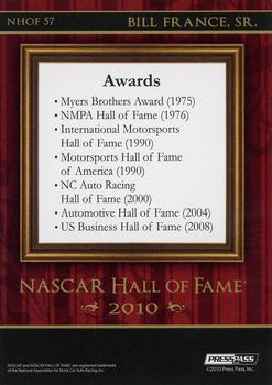 2010 Press Pass Premium - NASCAR Hall of Fame #NHOF 57 Bill France Sr. Back