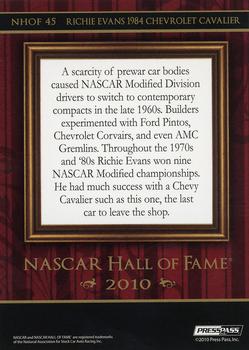 2010 Press Pass Stealth - NASCAR Hall of Fame #NHOF 45 Richie Evans 1984 Chevrolet Cavalier Back
