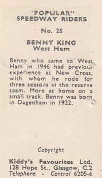 1950 Kiddy's Favourites Popular Speedway Riders #25 Benny King Back