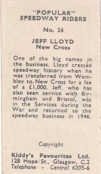1950 Kiddy's Favourites Popular Speedway Riders #26 Jeff Lloyd Back