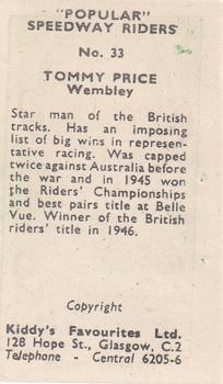 1950 Kiddy's Favourites Popular Speedway Riders #33 Tommy Price Back