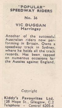1950 Kiddy's Favourites Popular Speedway Riders #36 Vic Duggan Back