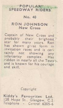 1950 Kiddy's Favourites Popular Speedway Riders #40 Ron Johnson Back