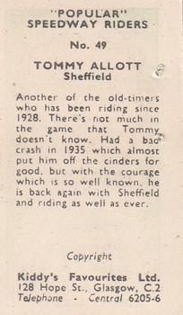 1950 Kiddy's Favourites Popular Speedway Riders #49 Tommy Allott Back