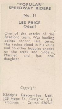 1950 Kiddy's Favourites Popular Speedway Riders #51 Les Price Back