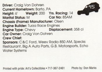 1994 Art's Collectibles Pennsylvania Tri Track Sportsman Modified Series I #15 Craig Von Dohren Back